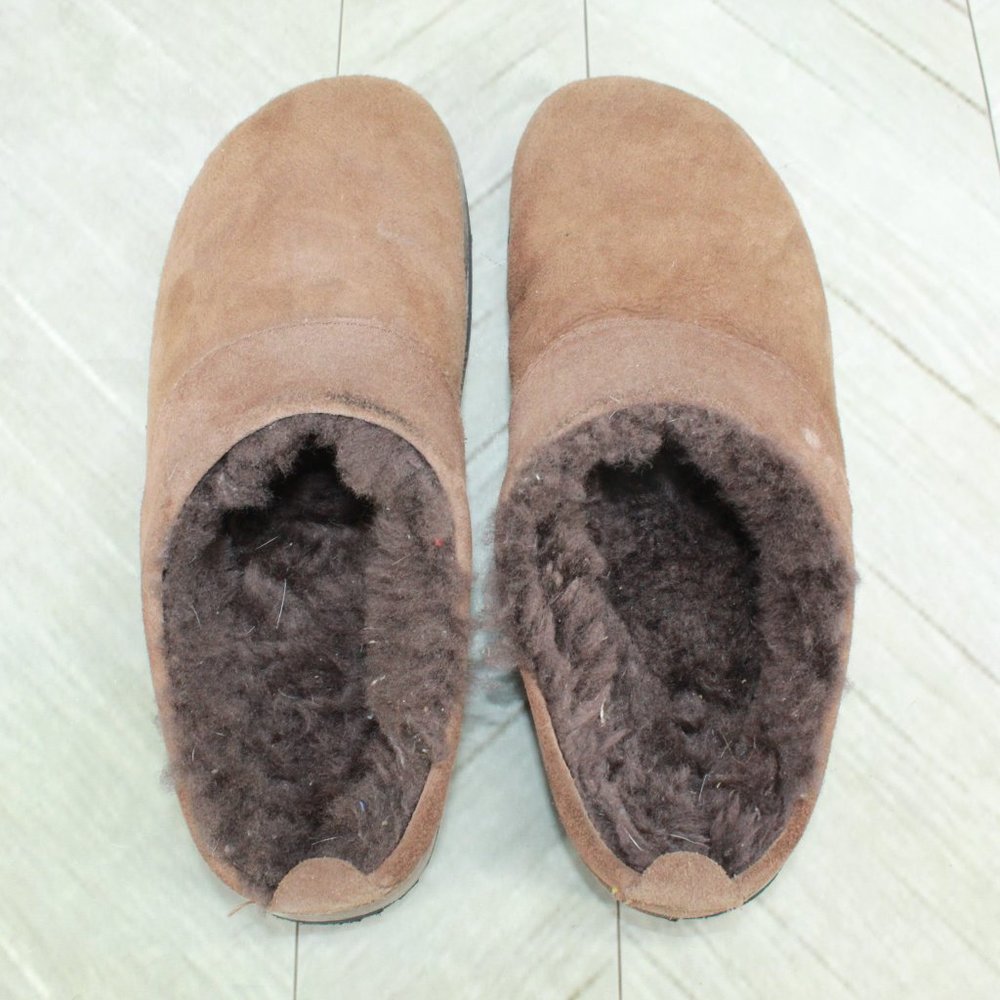 *LL Bean Brown Suede Slip-On Shearling Lined Clogs Slippers Size 10.5 Inches - Picture 7 of 9
